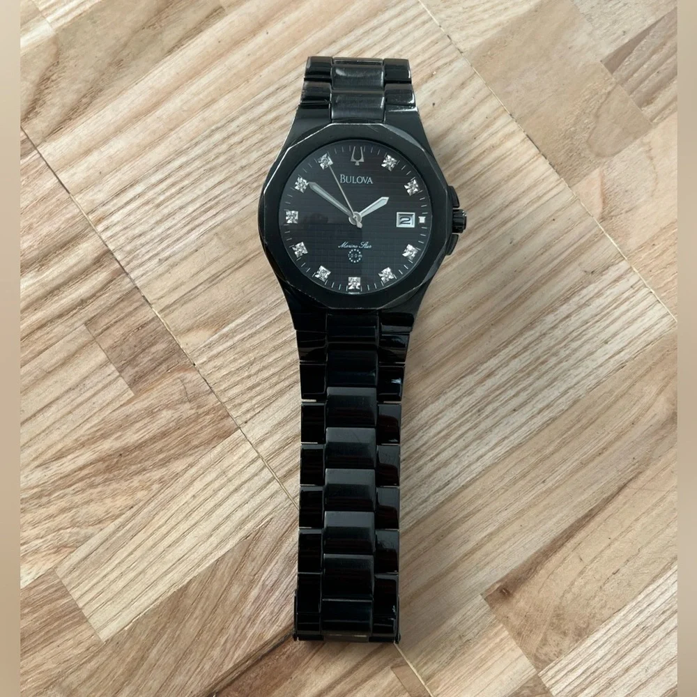 Bulova Marine Star Diamond Men’s Watch Black Dial, Case, Bracelet Date Window